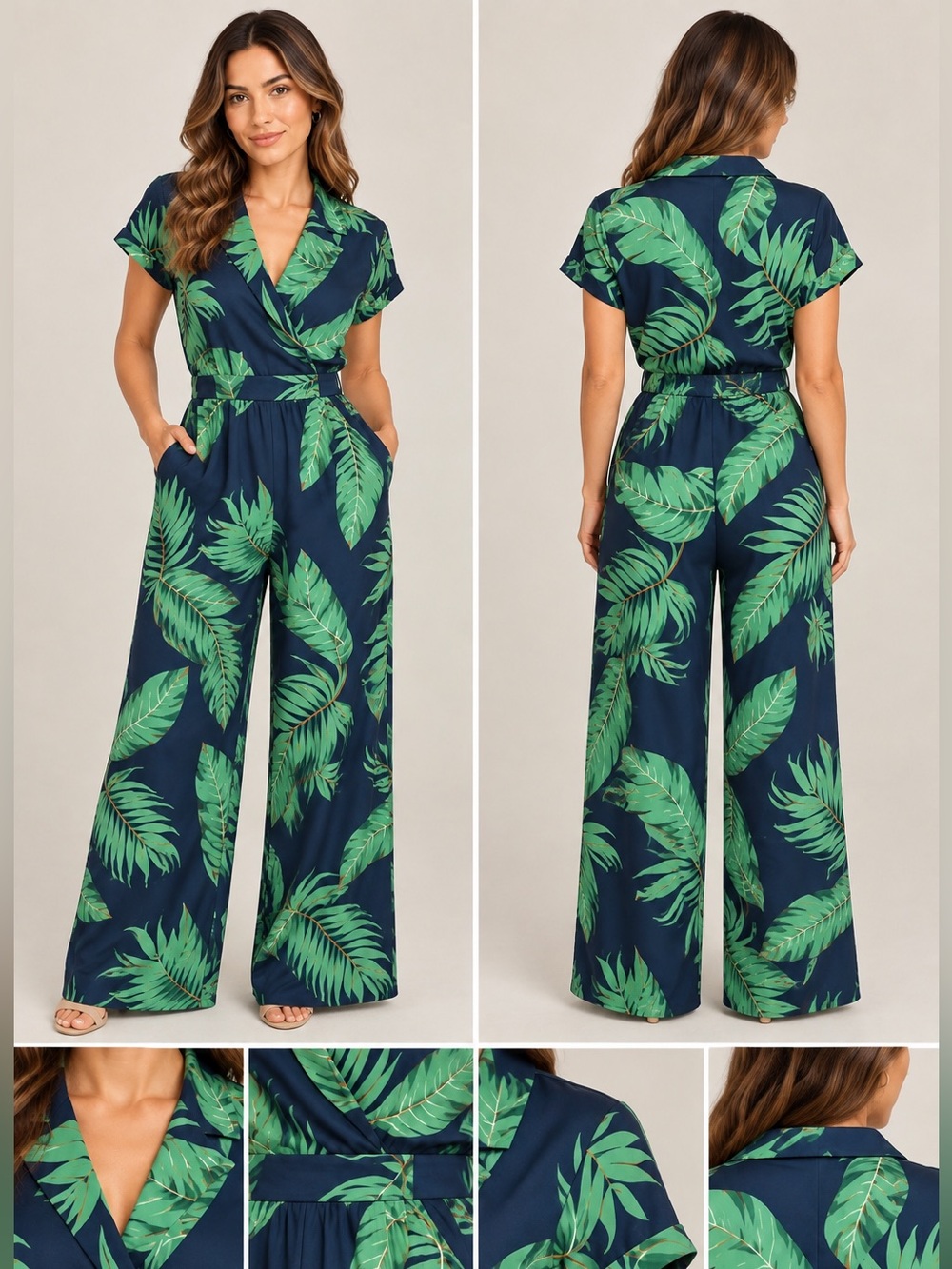 Vintage Navy Jumpsuit with Green Tropical Leaf Print